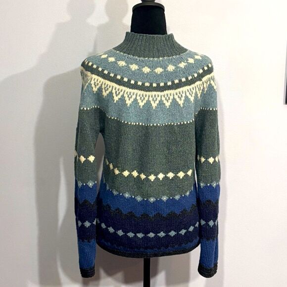 Lands' End | Women's Fair Isle Blue and Green Wool Turtleneck Sweater Size S - Picture 1 of 16